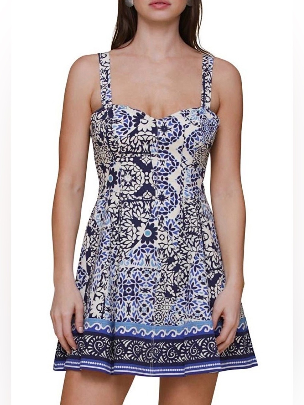 NWT Avec Les Filles Mediterranean Tile Print Mini Fit Flare Sundress Size 4